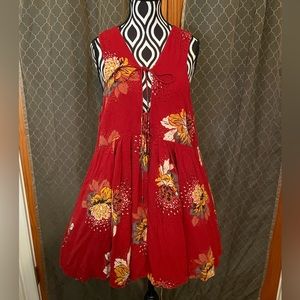 Free People Red Floral Tunic Tank Lace up Front Size M